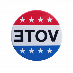 A vote button in red, white, and blue. 